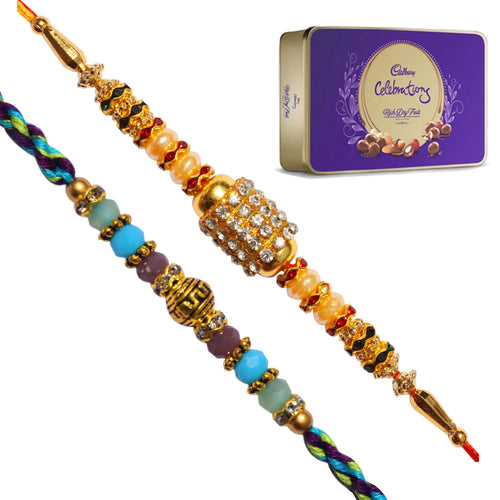 2 Rakhi - Designer Pearls and AD Rakhis With Cadbury Celebration Rich Dryfruit Chocolate Box