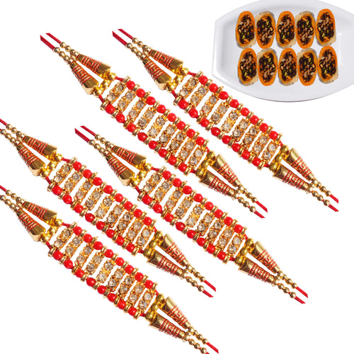 5 Rakhi - Exclusive American Diamond Rakhi Set With Dryfruit Kesar Slice