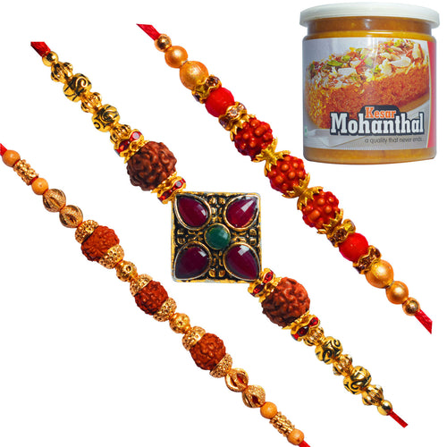 3 Rakhi - Fancy and Rudraksh Rakhis With Kesar Mohanthal