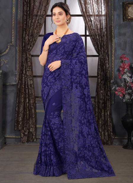 Navy Blue Georgette Wedding Wear Moti Work Saree