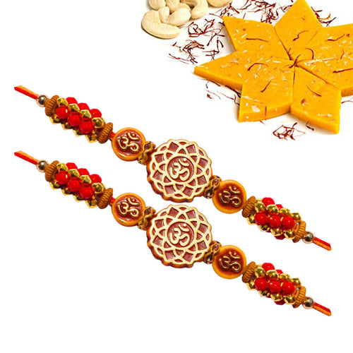 2 Rakhi - Om Rakhi Set With Kesar Kaju Katli Or Ferrero Rocher Chocolate Box