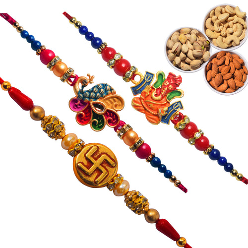 3 Rakhi - Premium Handcrafted Rakhis and Dryfruit Combo Box