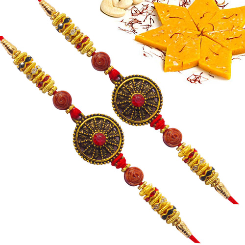 2 Rakhi - Round Pendant Rakhi with Kesar Kaju Katli Or Ferrero Rocher Chocolate