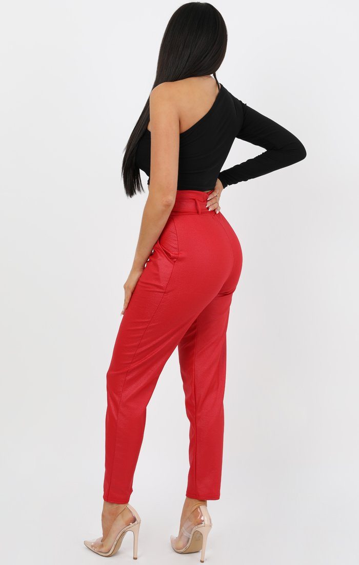 Red Leather Look High Waisted Trousers | Trousers | Femme Luxe