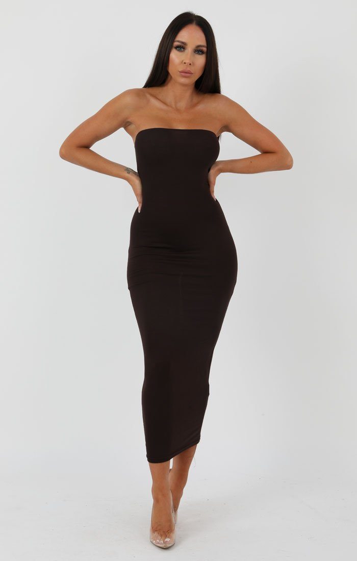 Brown Bandeau Bodycon Midi Dress Dresses Femme Luxe 0568