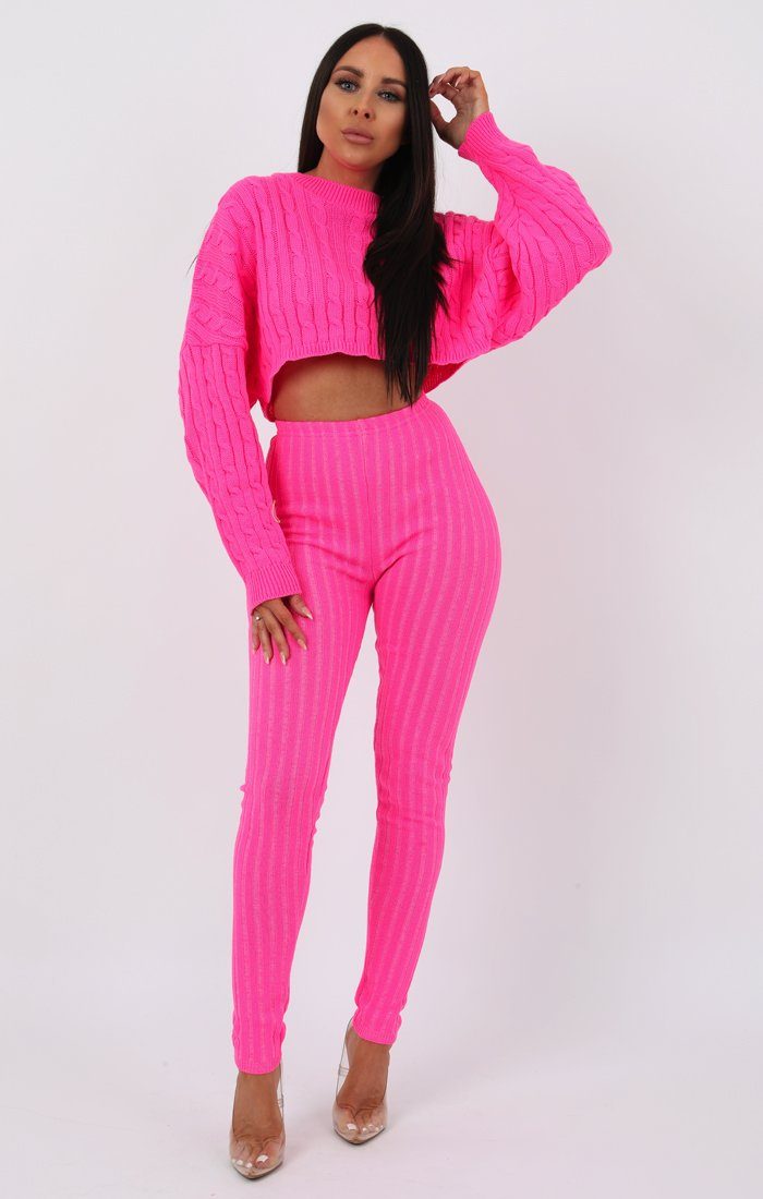 Neon Pink Ribbed Knit Leggins | Trousers | Femme Luxe