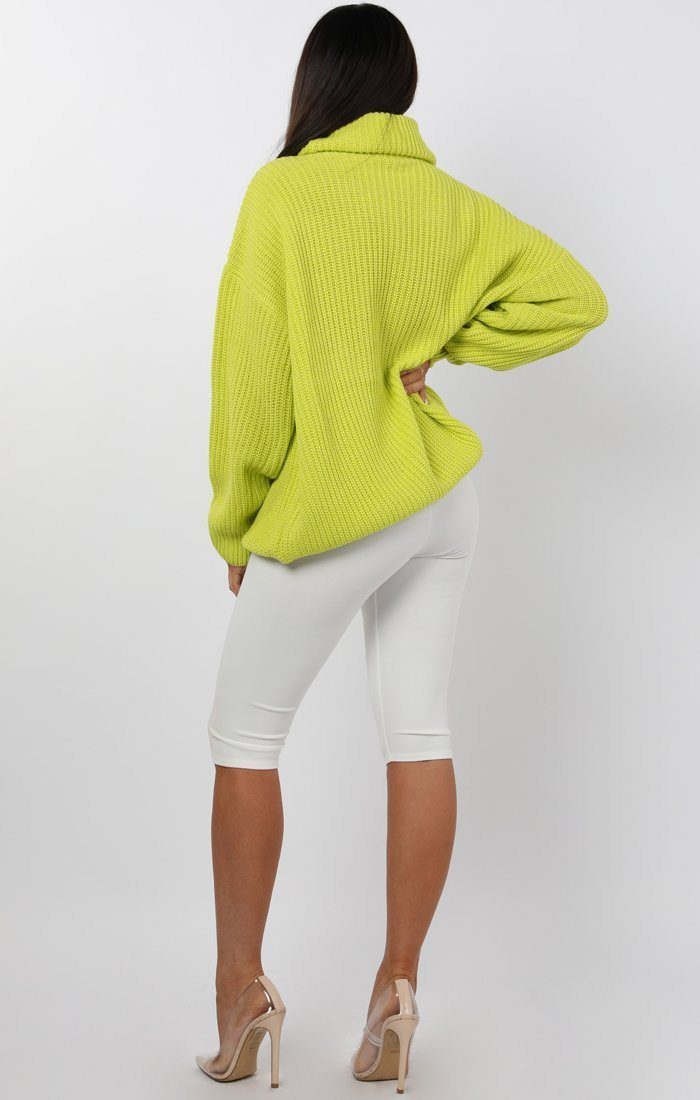 Neon Lime Knitted Oversized Polo Neck Jumper | Knitwear | Femme Luxe