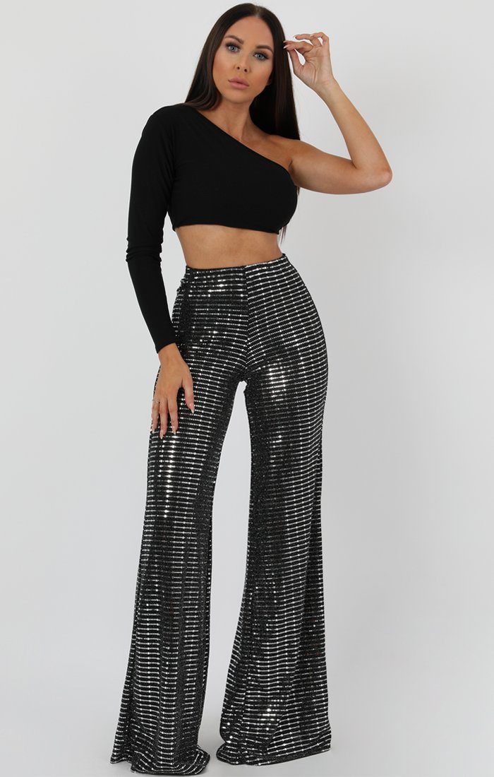 Silver Sequin Flare Trousers | Trousers | Femme Luxe