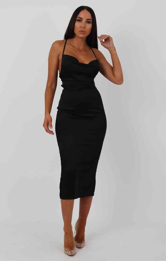 midi black satin dress