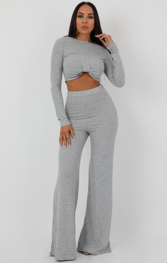 Grey Knot Crop Ribbed Flare Loungewear Set l Loungewear Sets | Femme Luxe