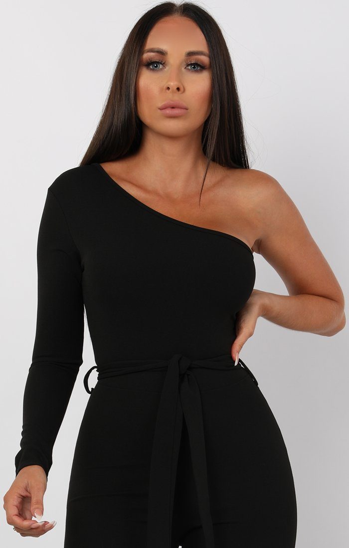 belted one shoulder jumpsuit