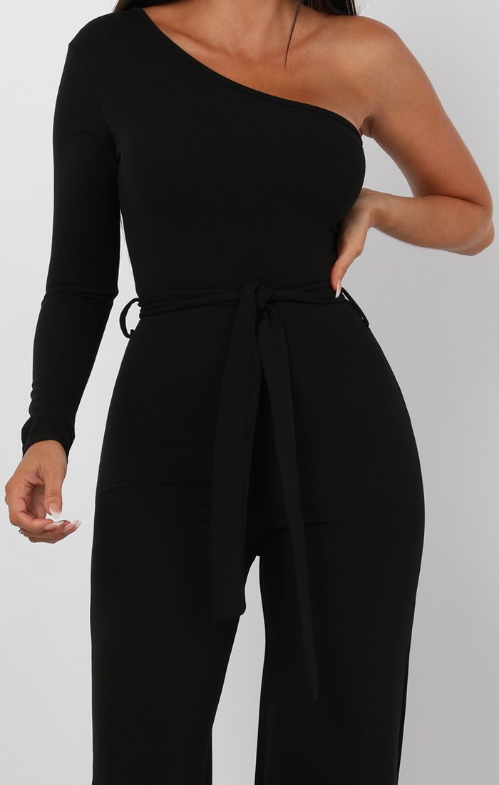 belted one shoulder jumpsuit