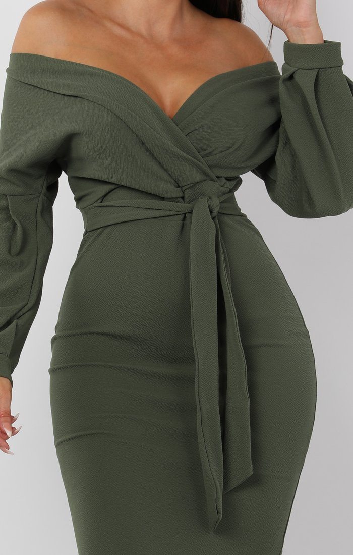 Khaki Belted Bodycon Midi Dress | Midi Dresses | Femme Luxe