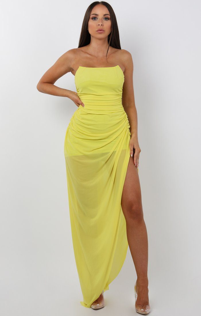 Lime Bandeau Split Leg Ruched Mesh Maxi Dress Maxi Dresses Femme Luxe 