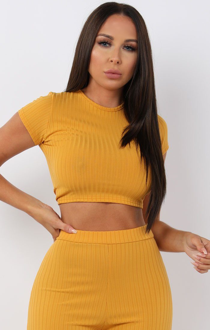 Mustard Crop Ribbed Two Piece Set Co Ords Femme Luxe 3200