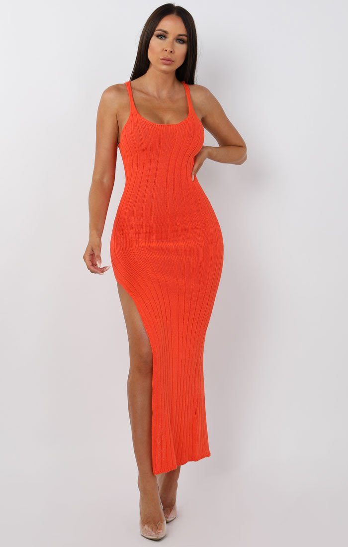 Orange Cami Knitted Side Split Maxi dress Maxi Dresses Femme Luxe