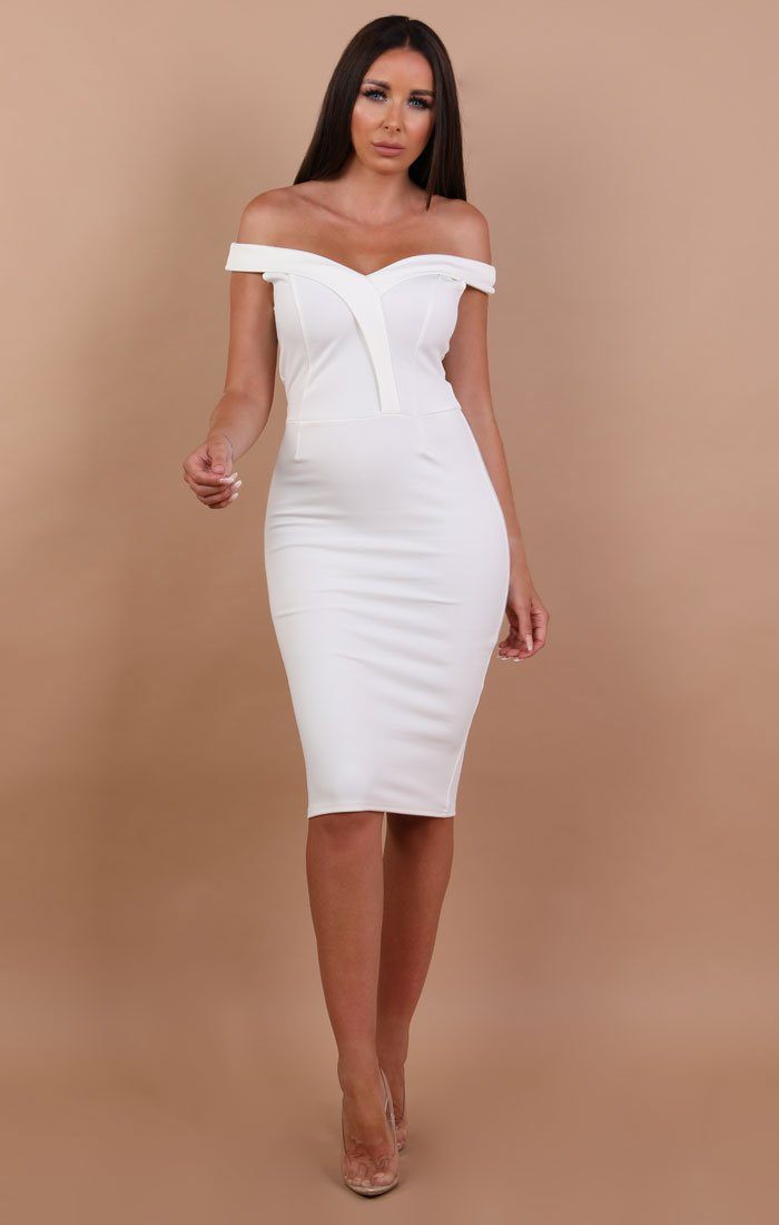 White Bardot Bodycon Midi Dress Midi Dresses Femme Luxe