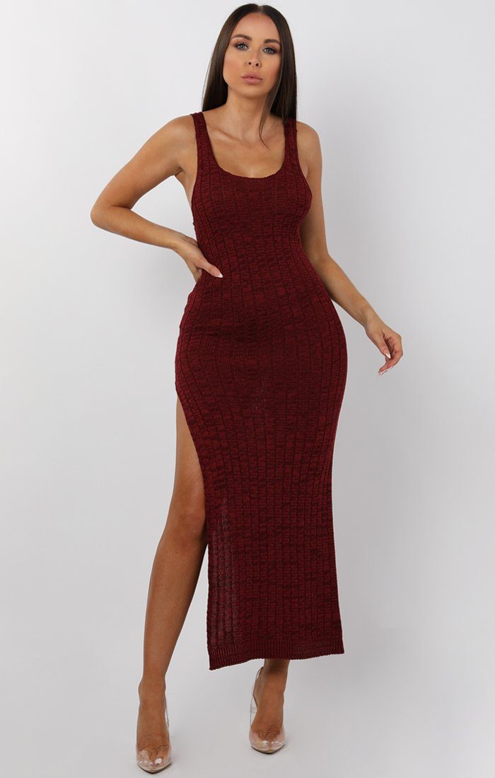 Wine Cami Knitted Side Split Maxi Dress Maxi Dresses Femme Luxe