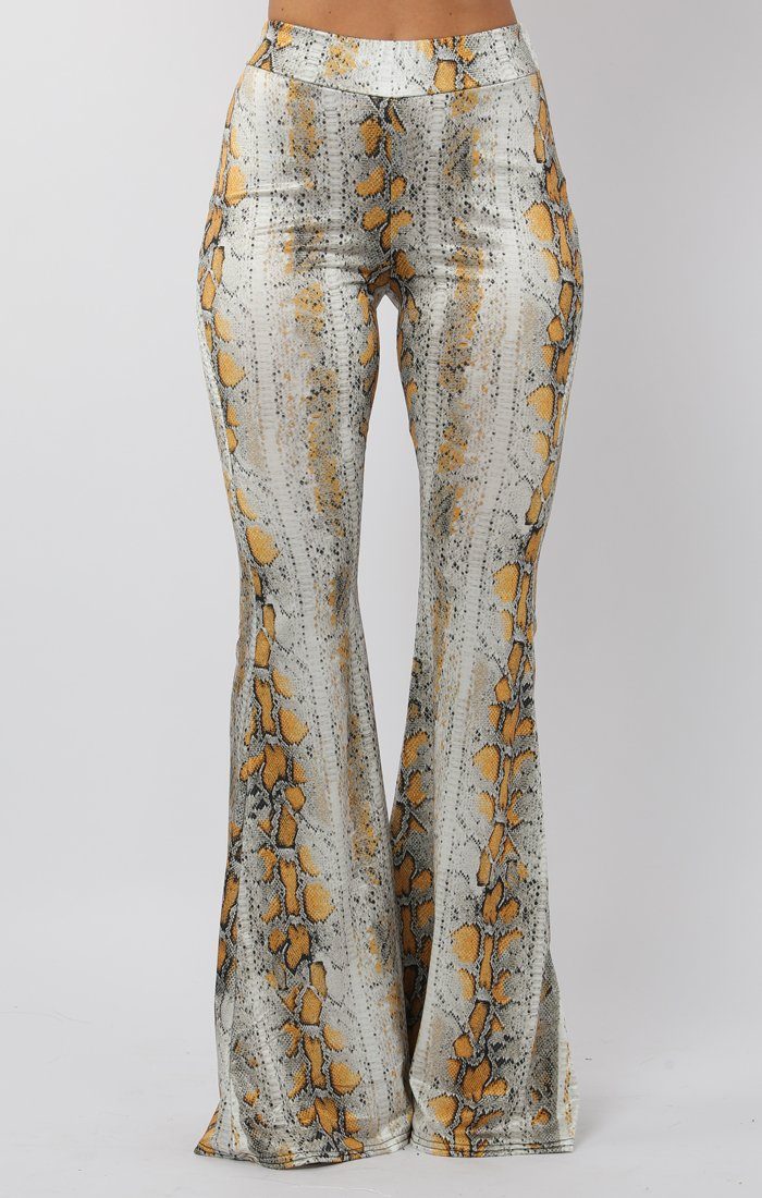 Yellow Snake Print Fit and Flare Trousers | Trousers | Femme Luxe