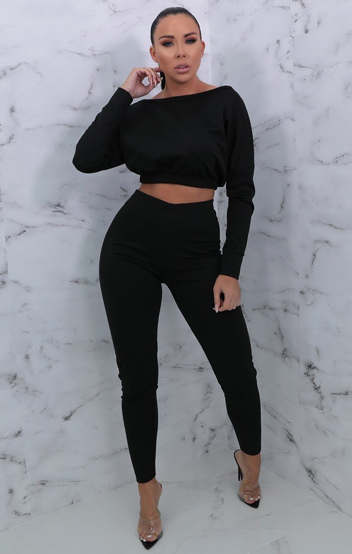 Black Crew Neck Cropped Loungewear Set | Loungewear | Femme Luxe UK