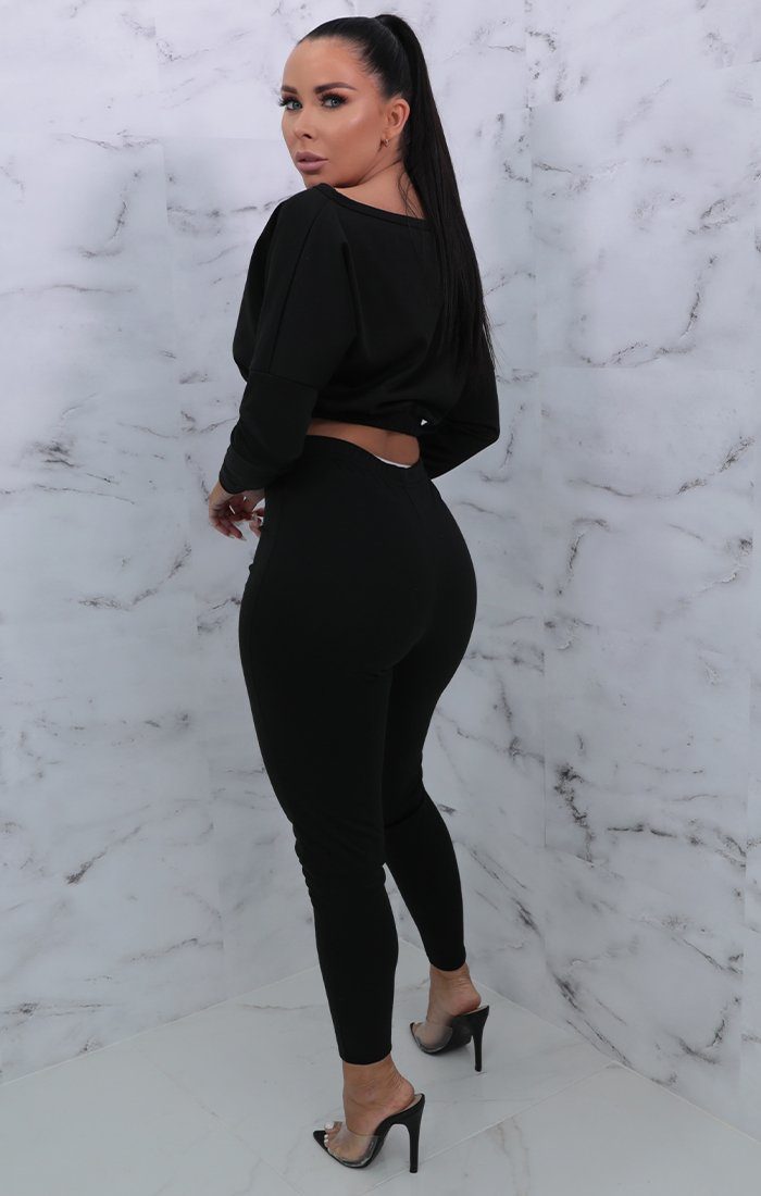 Black Crew Neck Cropped Loungewear Set | Loungewear | Femme Luxe UK