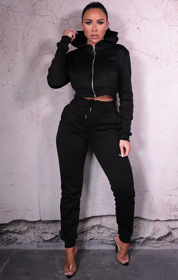 Black Cropped Hoodie Tracksuit Loungewear Set | Loungewear | Femme Luxe