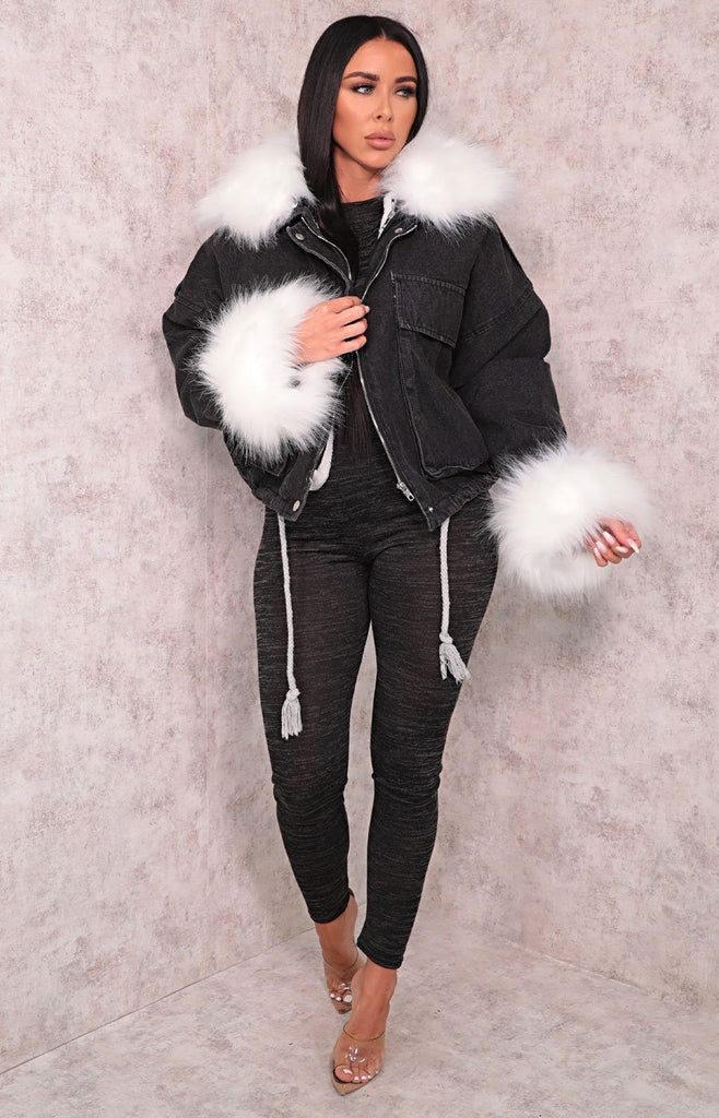 Black Denim White Faux Fur Fluffy Oversized Jacket | Jackets | Femme ...
