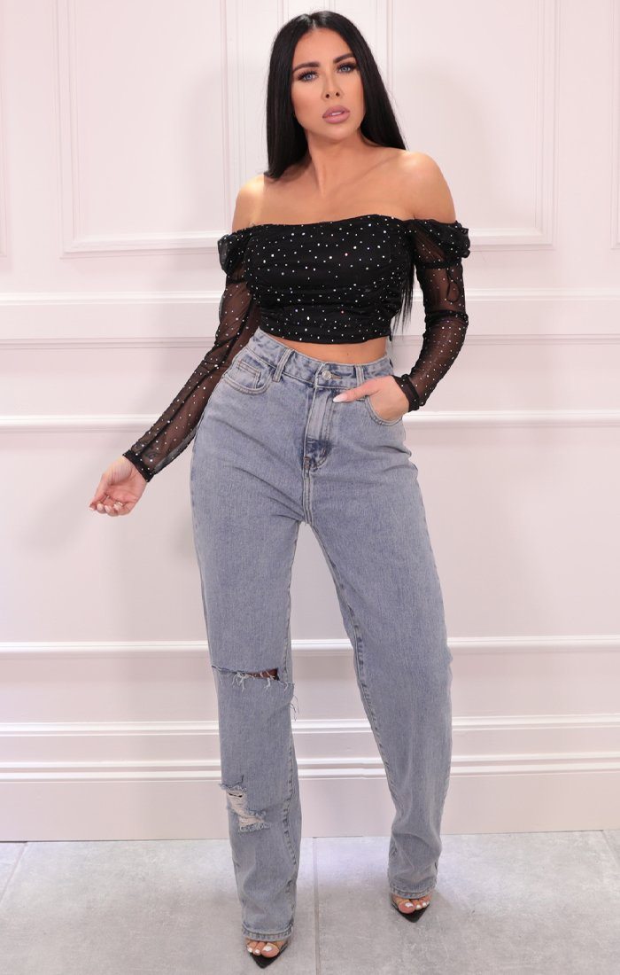Black Mesh Sequin Glitter Puff Sleeve Top | Tops | Femme Luxe UK