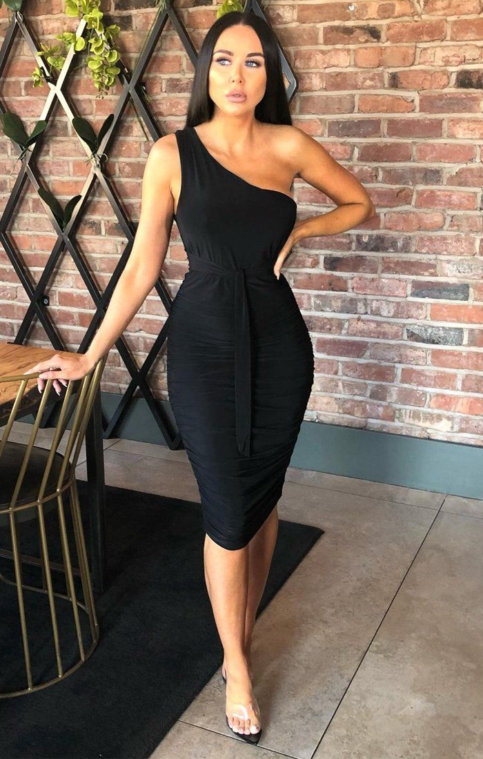 Black One Shoulder Slinky Midi Dress | Dresses | Femme Luxe