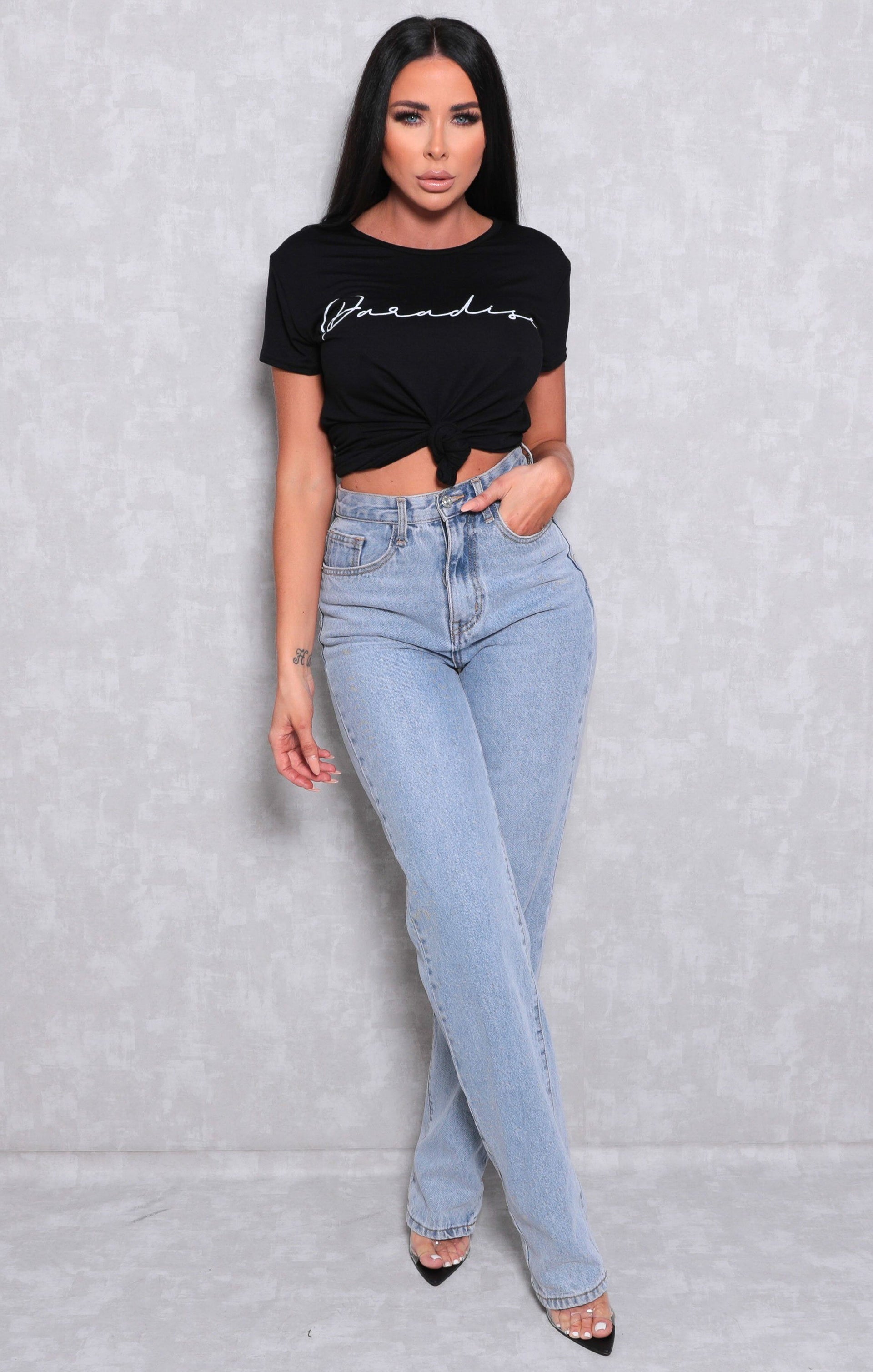 Black 'Paradise' Slogan Print Crew Neck T-Shirt | Tops | Femme Luxe UK