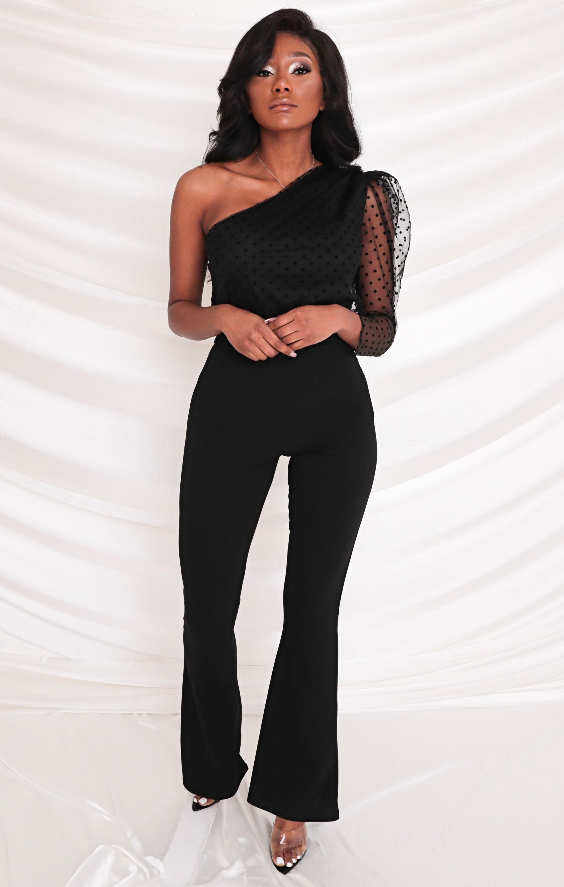 Black Polka Dot One Shoulder Mesh Top | Tops | Femme Luxe UK