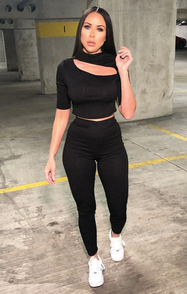 Black Ribbed Cut Out Loungwear | Loungewear | Femme Luxe