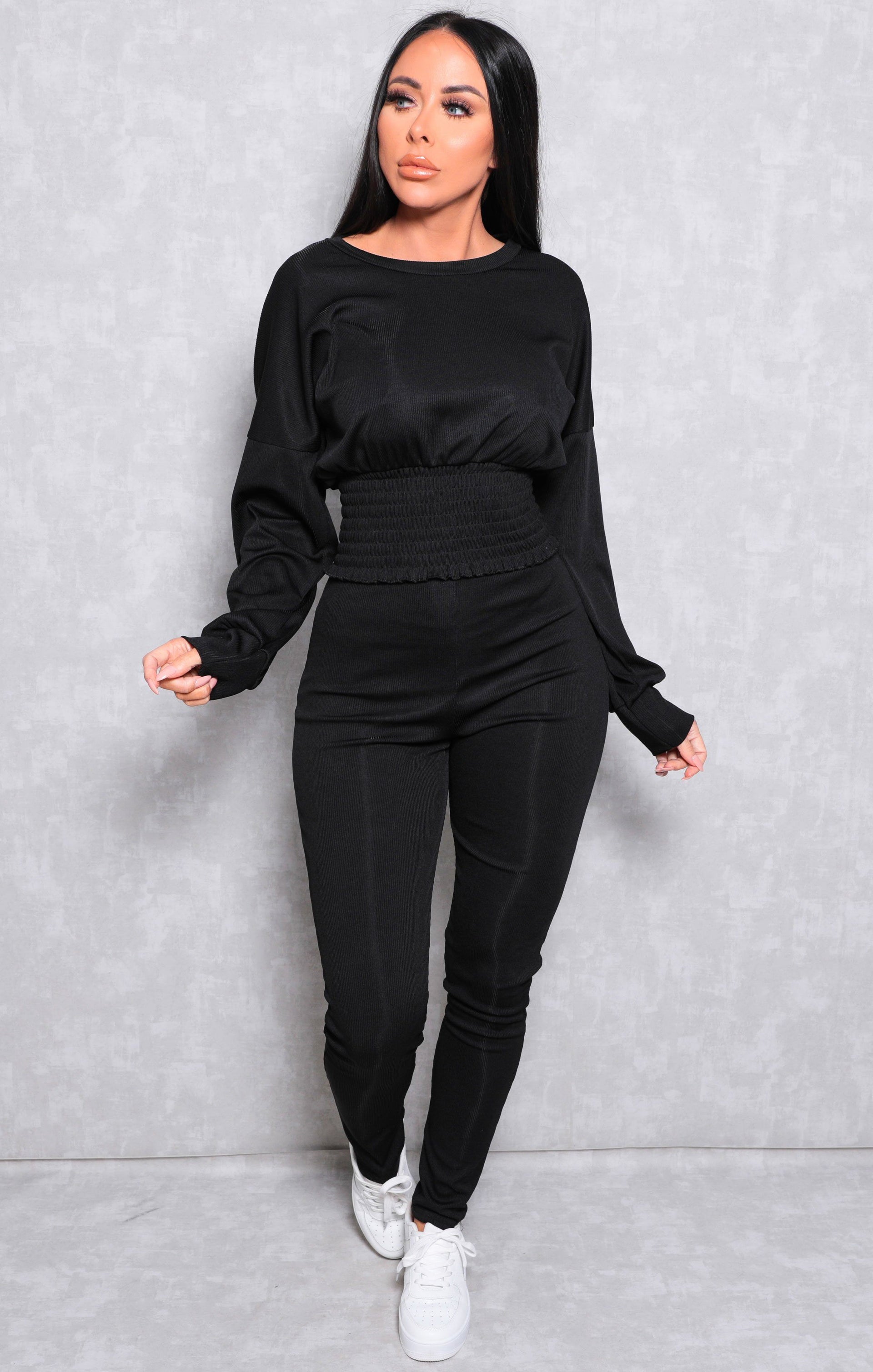 Black Ribbed Shrilled Waist Loungewear Set | Loungewear | Femme Luxe UK