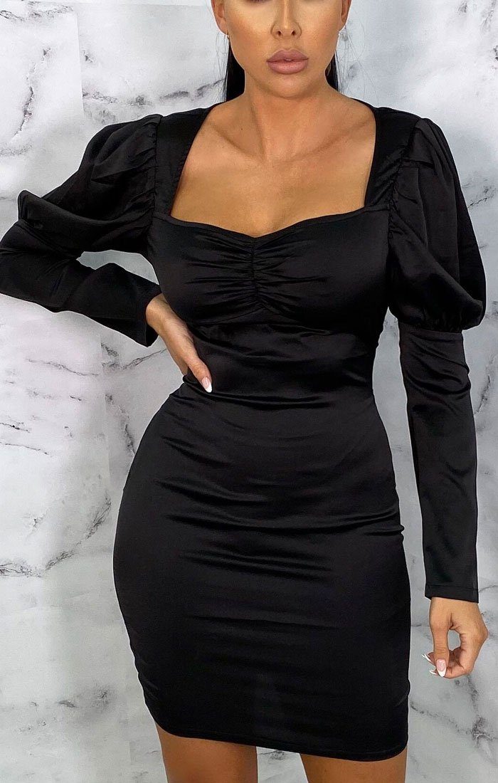 Black Satin Puff Sleeve Bodycon Mini Dress | Dresses | Femme Luxe UK