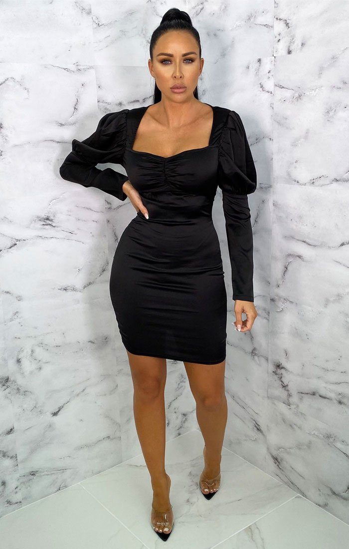 Black Satin Puff Sleeve Bodycon Mini Dress | Dresses | Femme Luxe UK