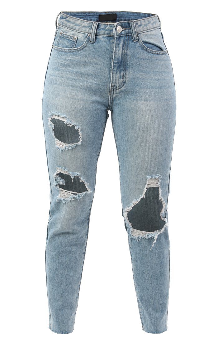 Blue Denim Large Ripped Mom Jeans | Jeans | Femme Luxe