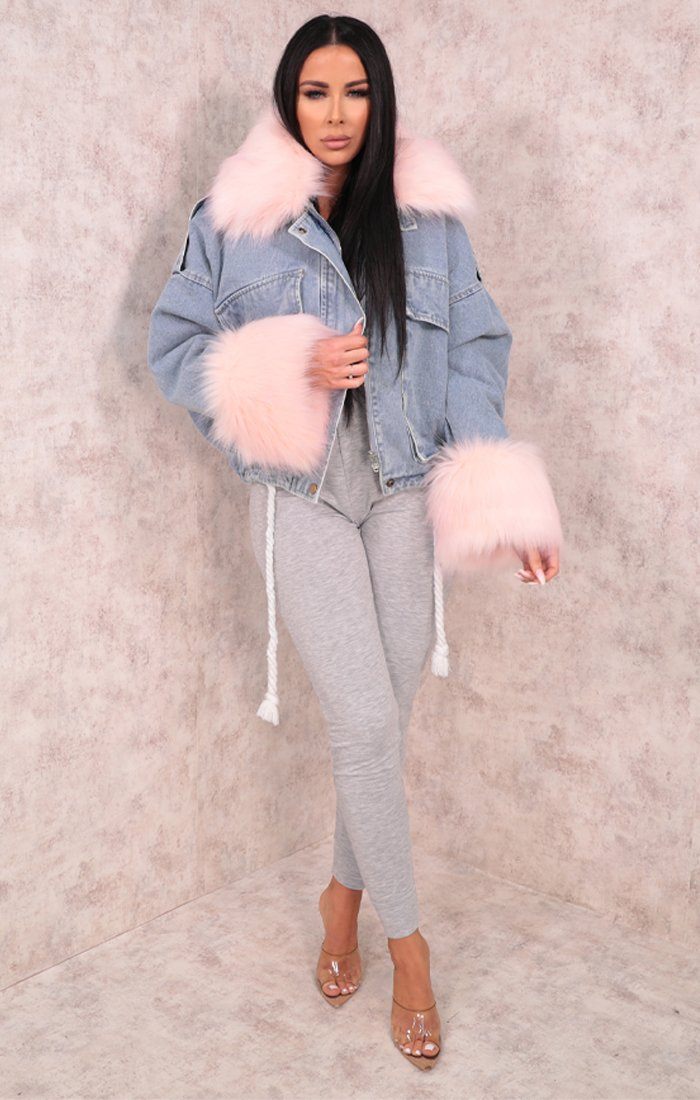Blue Denim Pink Faux Fur Fluffy Oversized Jacket | Jackets | Femme Luxe UK