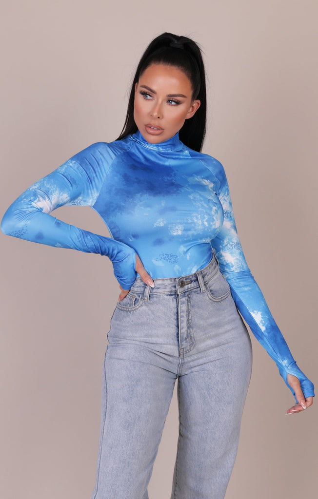 Blue Tie Dye High Neck Bodysuit | Bodysuits | Femme Luxe UK