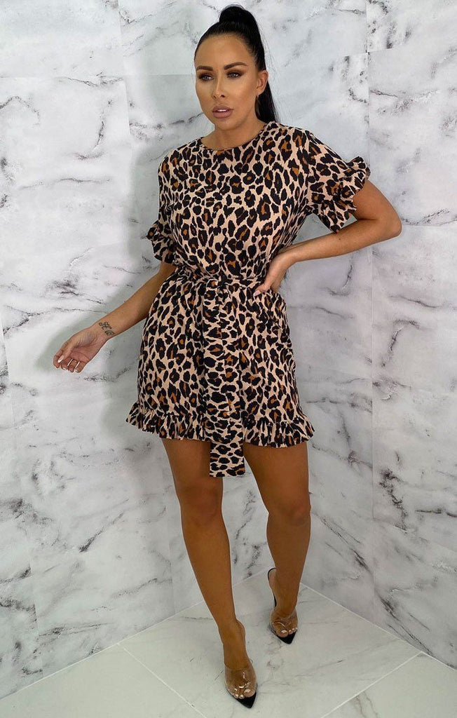 Brown Animal Leopard Print Frill Belted Mini Dress | Dresses | Femme ...