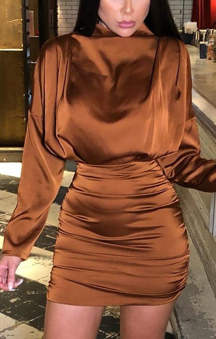 Brown Satin Draped Mini Dress | Dresses | Femme Luxe