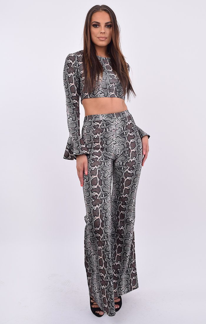 Brown Snake Print Flare Sleeve Crop Top & Trouser Co-ord | Co-ords ...