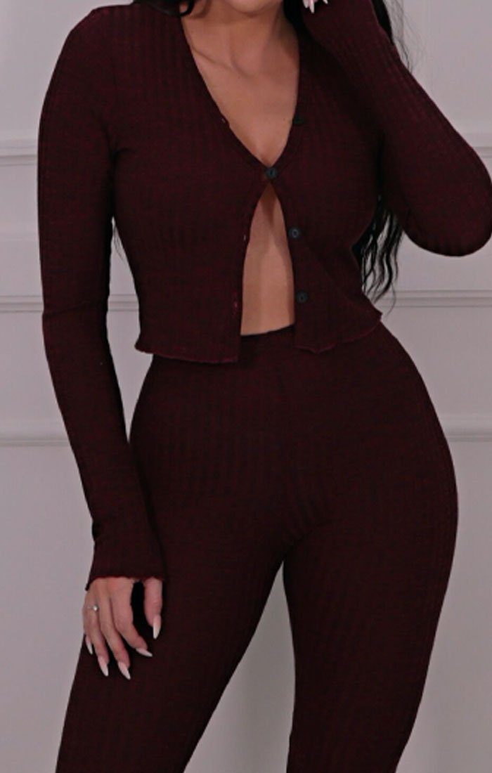 Burgundy Marl Ribbed Cardigan Loungewear Set | Loungewear | Femme Luxe UK