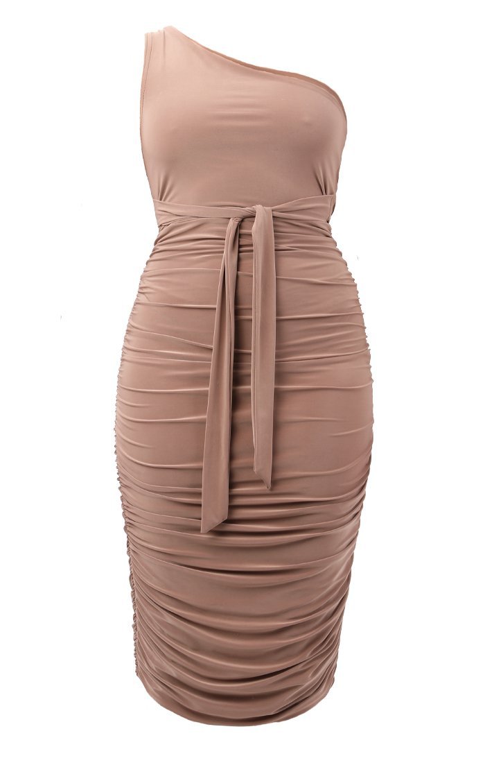 one shoulder slinky midi dress