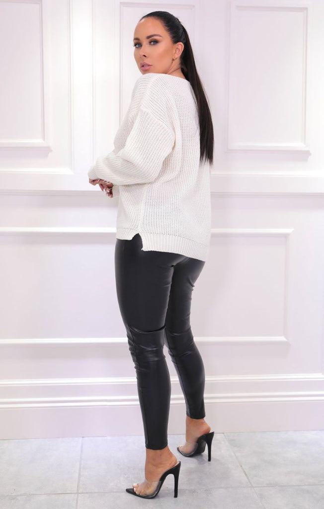 Cream Knitted V Neck Long Sleeve Jumper | Jumpers | Femme Luxe UK