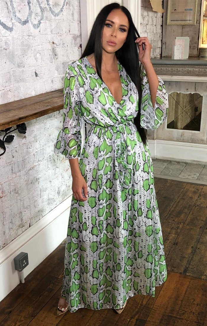 Green Snake Print Flare Sleeve Maxi Dress | Dresses | Femme Luxe UK