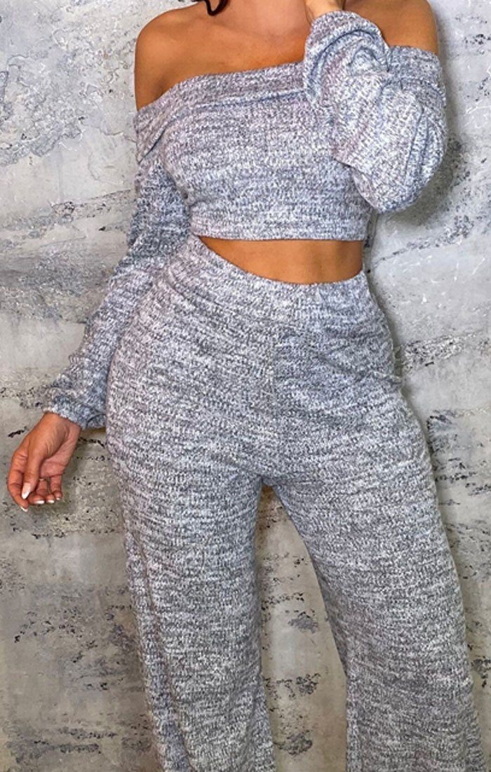 Grey Bardot Fluffy Cuffed Loungewear Set | Loungewear | Femme Luxe UK
