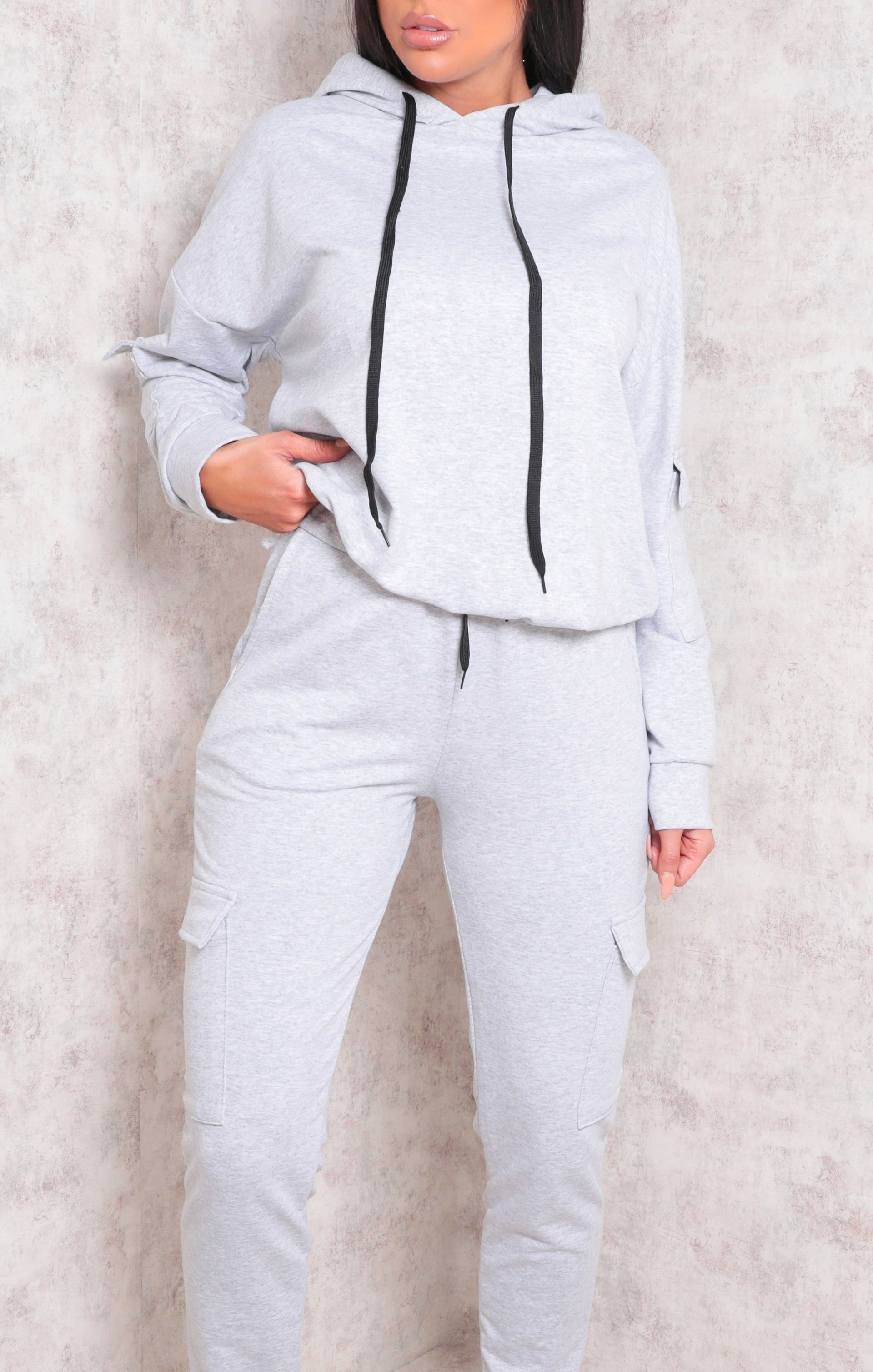 Grey Contrast String Cuffed Loungewear Set | Loungewear | Femme Luxe UK