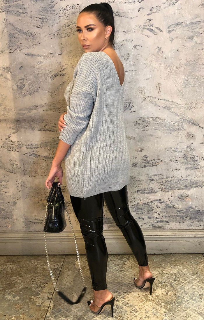 Grey Deep Plunge Knitted Oversized Jumper | Jumpers | Femme Luxe UK