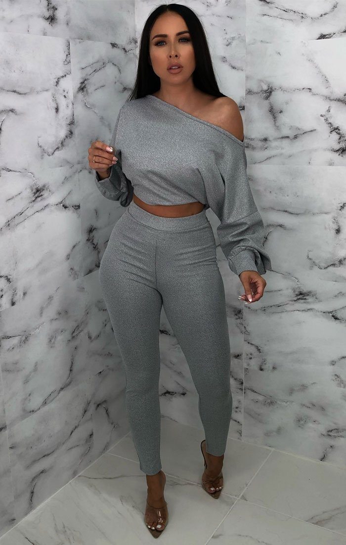 Grey Metallic Off The Shoulder Co-ord | Co-ords | Femme Luxe UK