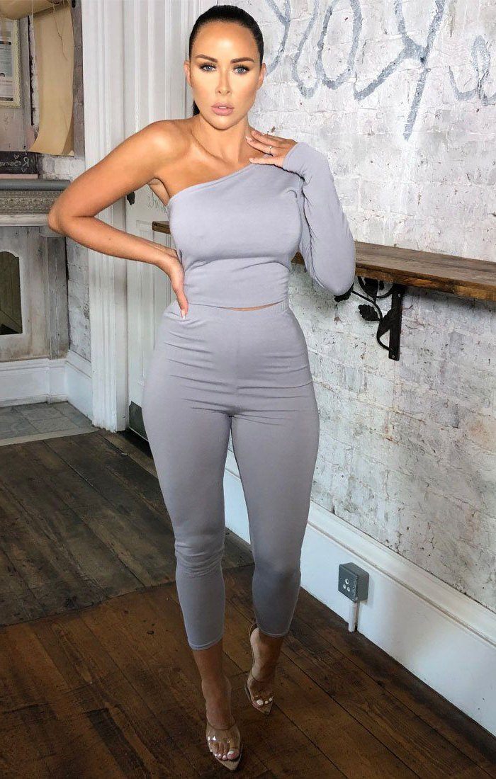 Grey One Shoulder Crop Top Loungewear Set | Loungewear | Femme Luxe UK